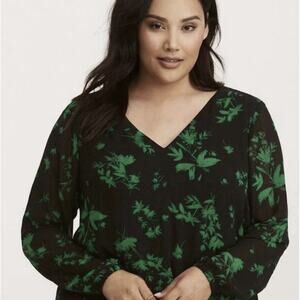 Torrid Floral Print Chiffon Crossback Blouse‎ Womens Plus Size 1X Black Green